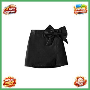 Girls PU Leather Skirt High Waist Split Hem Bow Front Mini